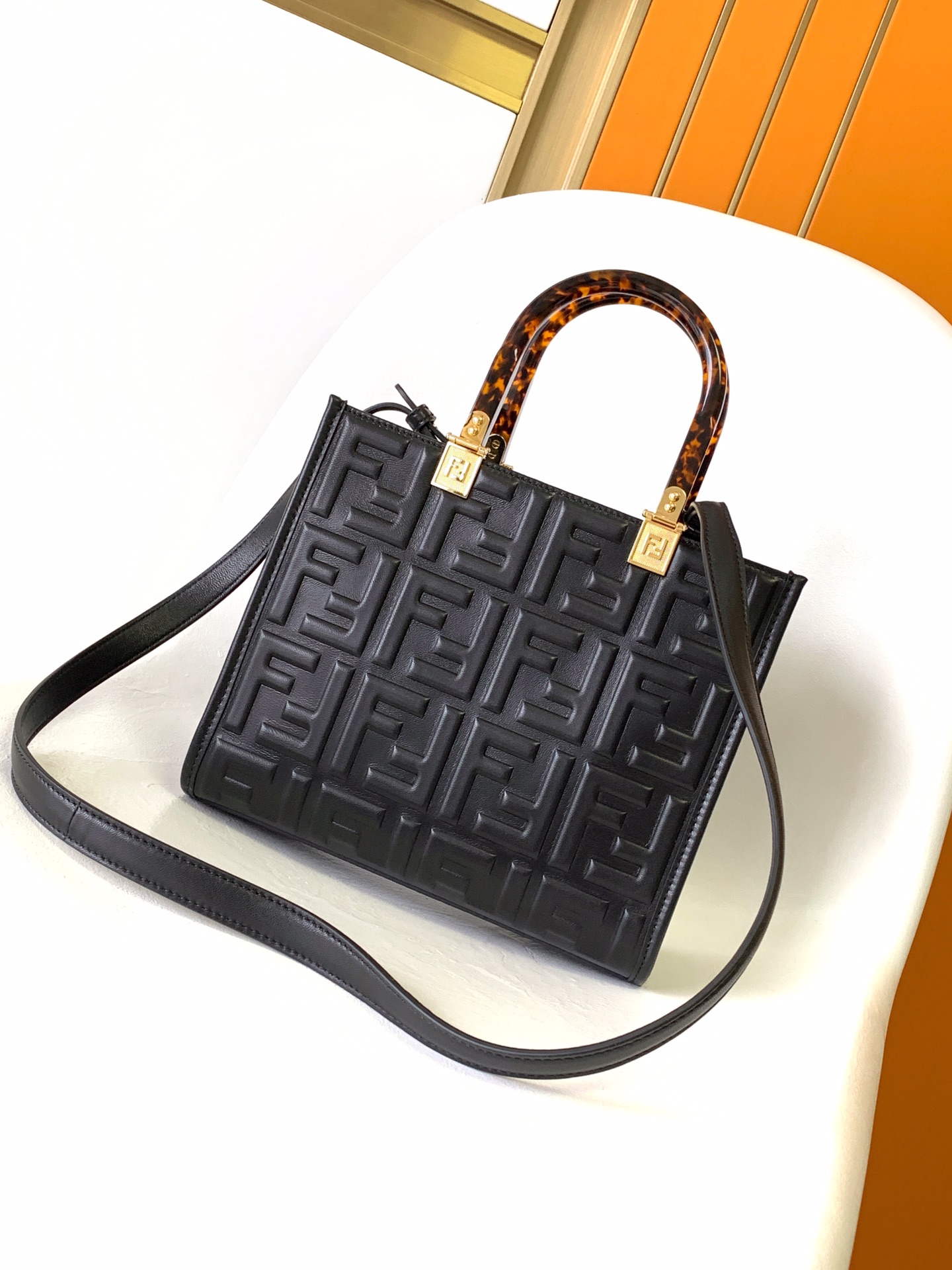 Fendi Small Sunshine Shopper Black Leather Bag with Raised 3D-texture FF Motif